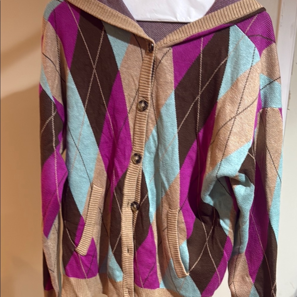 Charter Club Purple and Blue Argyle Cardigan Sweater